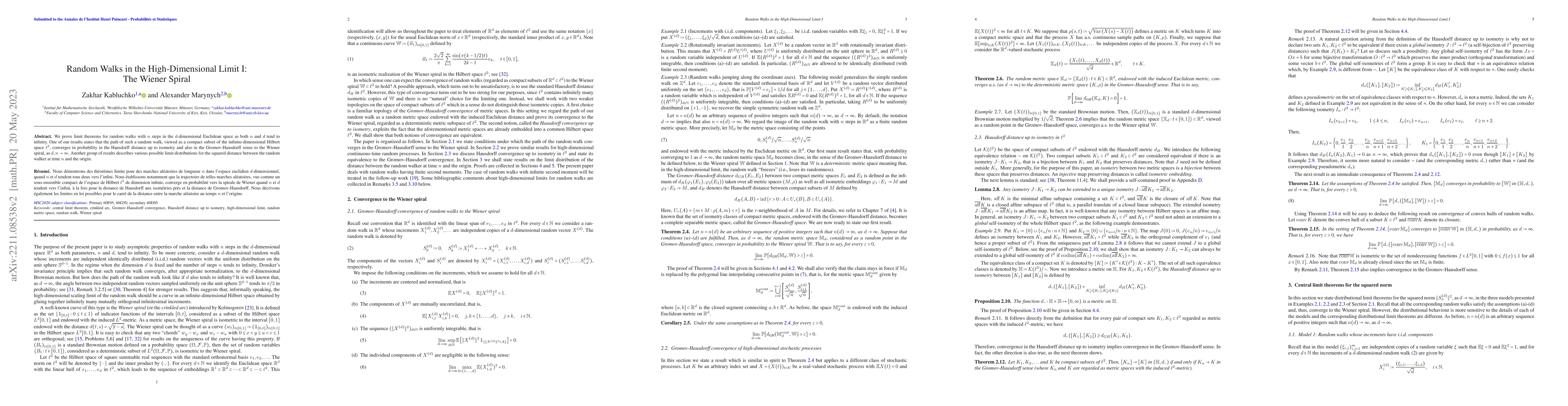 Thumbnail for Random Walks in the High-Dimensional Limit I: The Wiener Spiral