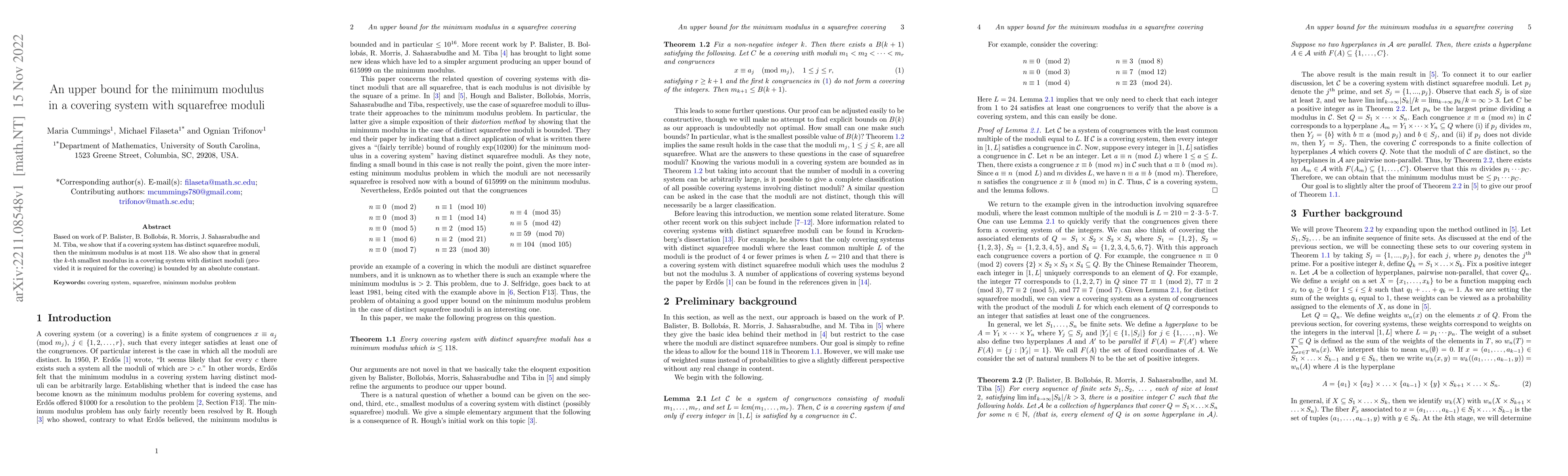 Thumbnail for An upper bound for the minimum modulus in a covering system with
  squarefree moduli