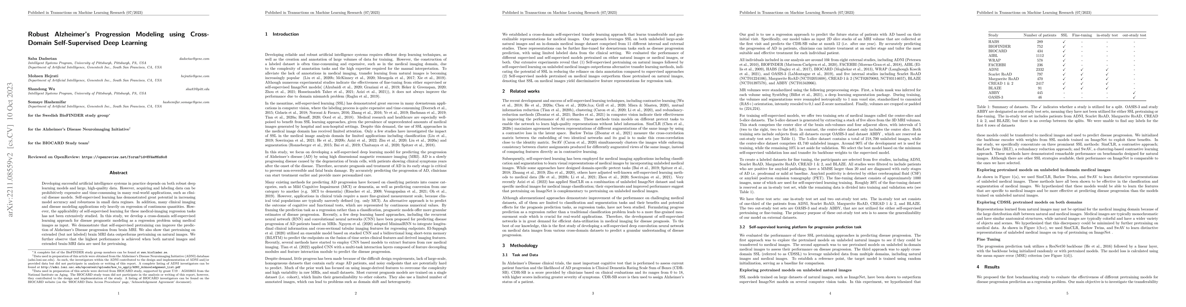Thumbnail for Robust Alzheimer's Progression Modeling using Cross-Domain
  Self-Supervised Deep Learning