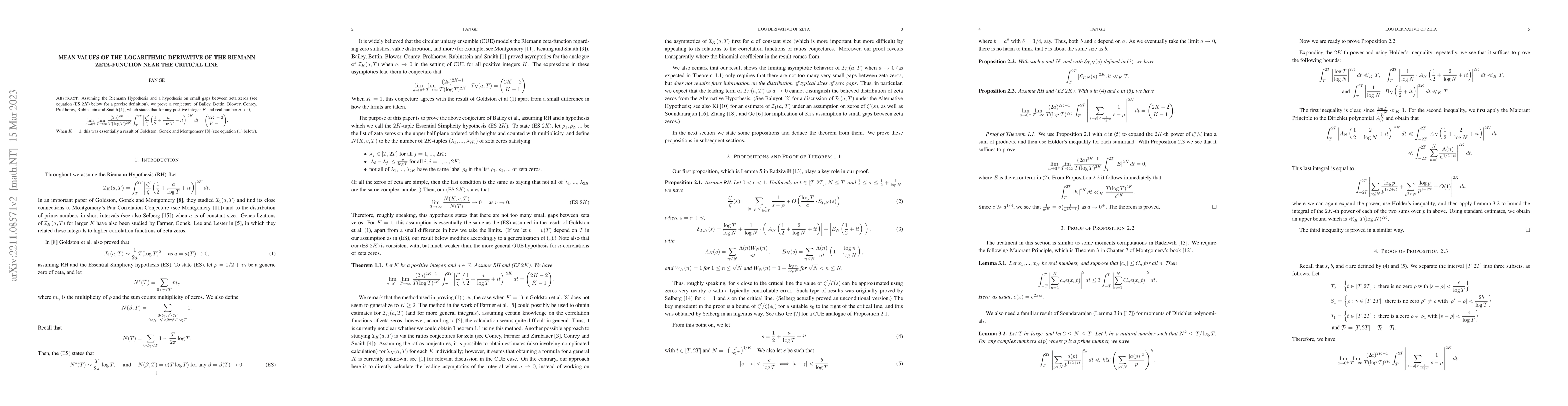 Thumbnail for Mean values of the logarithmic derivative of the Riemann zeta-function
  near the critical line