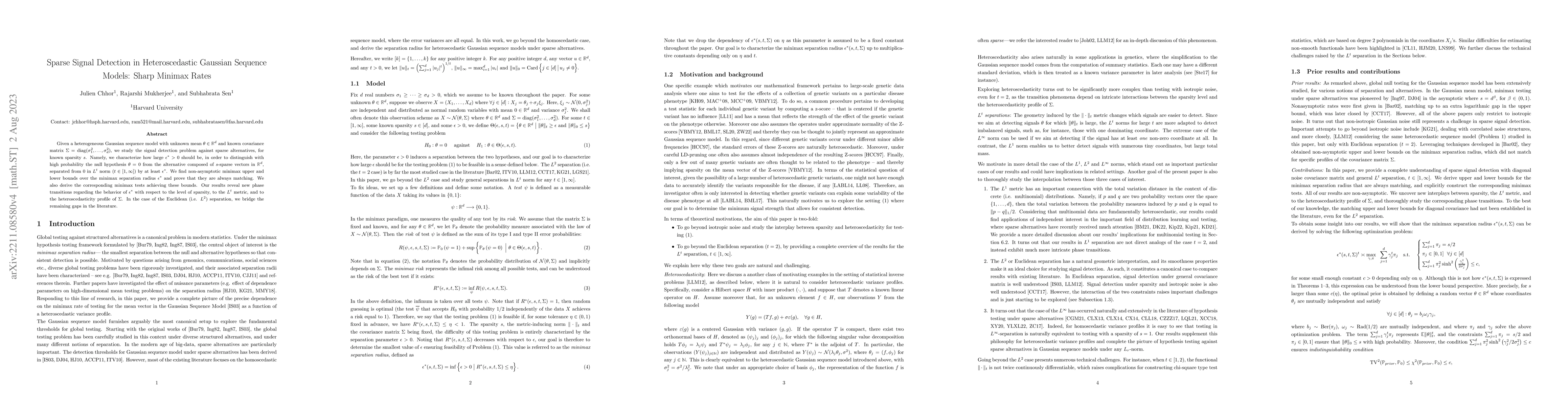 Thumbnail for Sparse Signal Detection in Heteroscedastic Gaussian Sequence Models:
  Sharp Minimax Rates