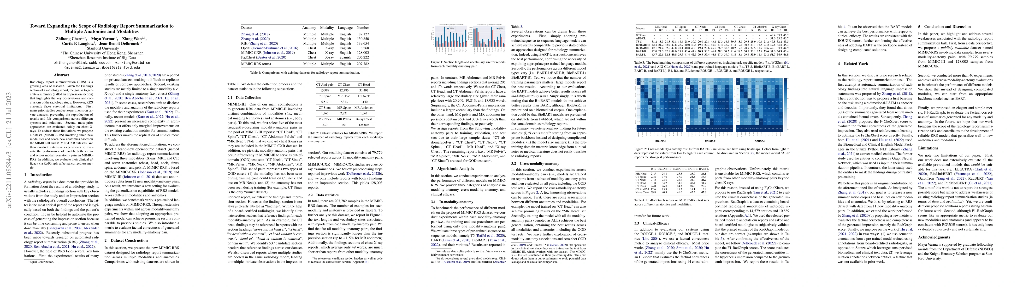 Thumbnail for Toward expanding the scope of radiology report summarization to multiple
  anatomies and modalities