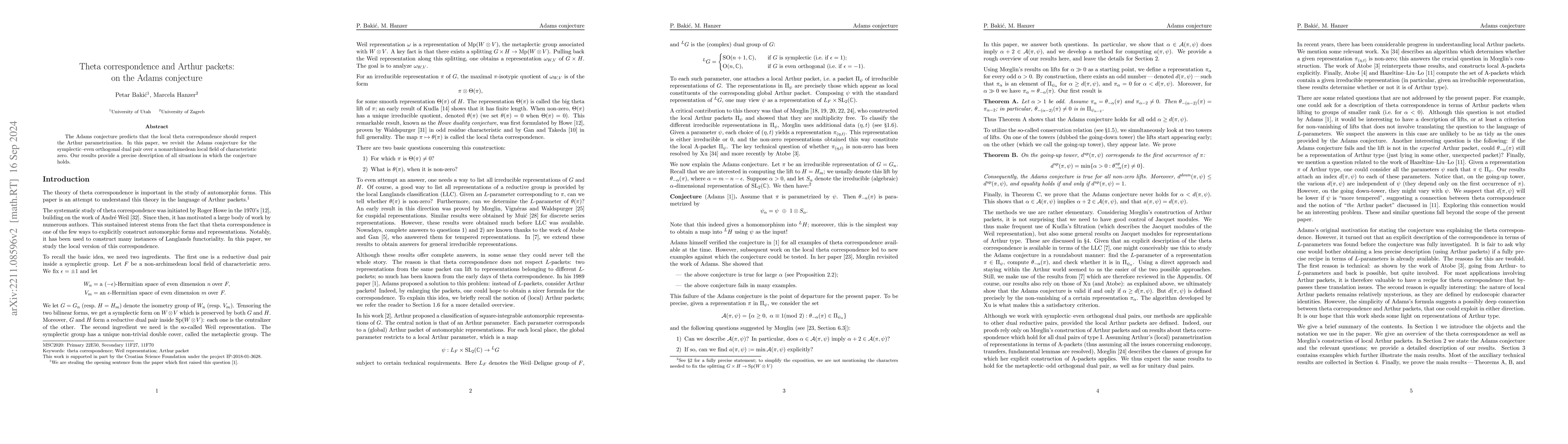 Thumbnail for Theta correspondence and Arthur packets: on the Adams conjecture