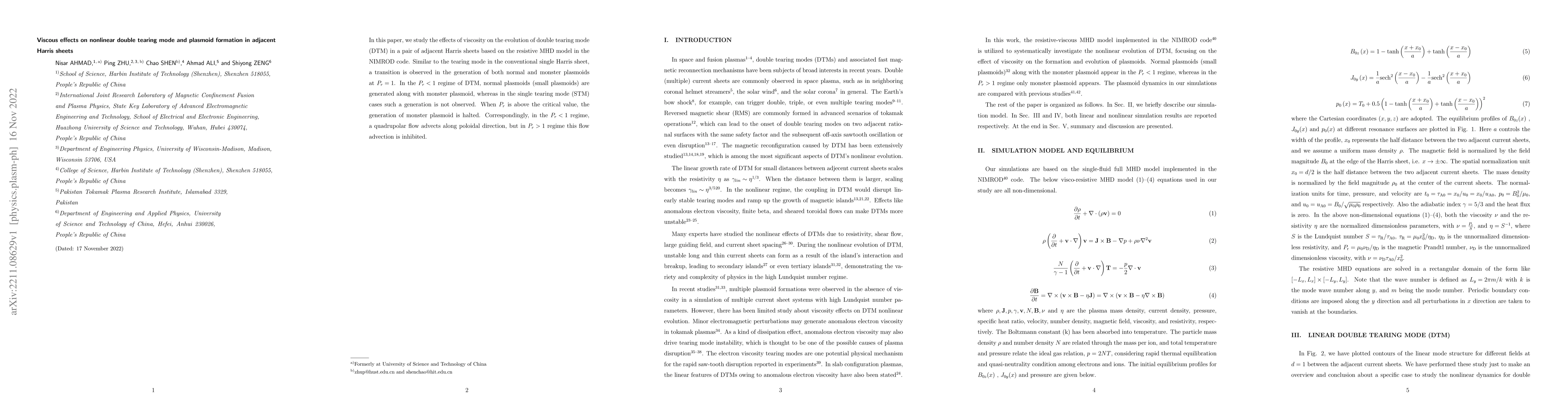 Thumbnail for Viscous effects on nonlinear double tearing mode and plasmoid formation
  in adjacent Harris sheets