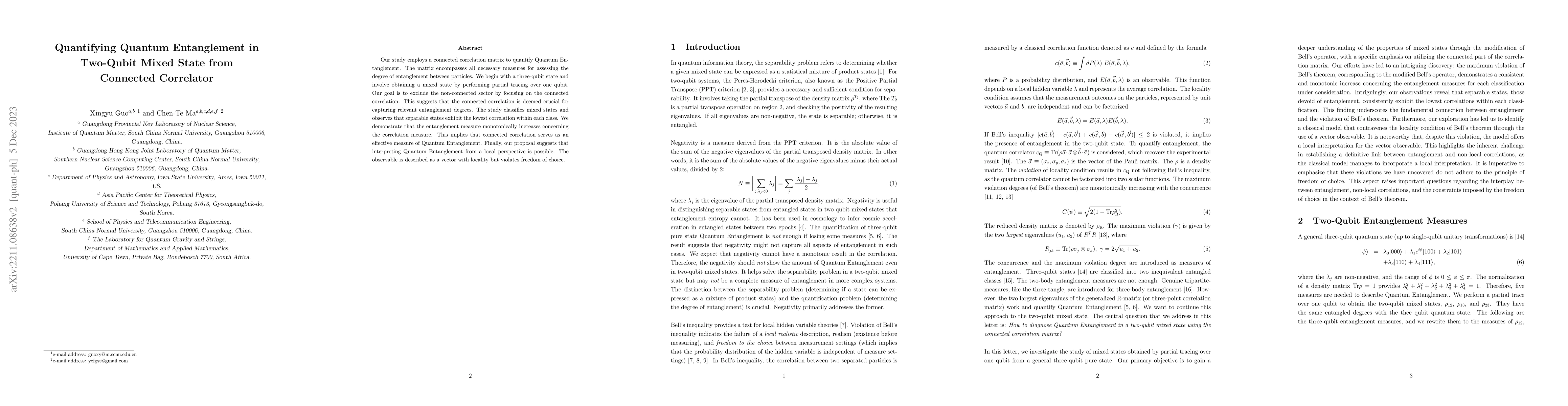 Thumbnail for Quantifying Quantum Entanglement in Two-Qubit Mixed State from Connected
  Correlator