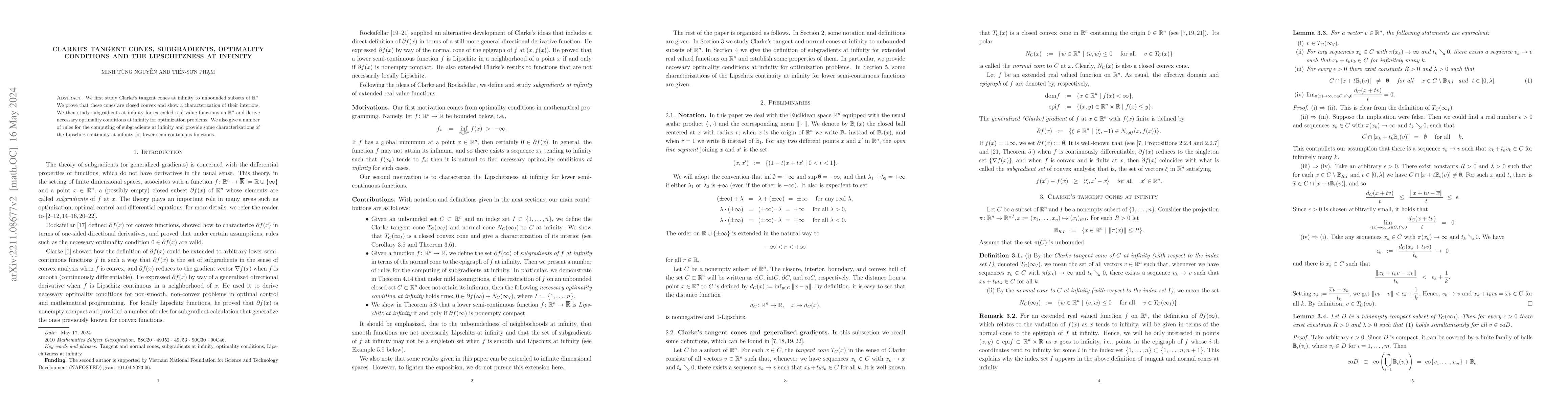 Thumbnail for Clarke's tangent cones, subgradients, optimality conditions and the
  Lipschitzness at infinity