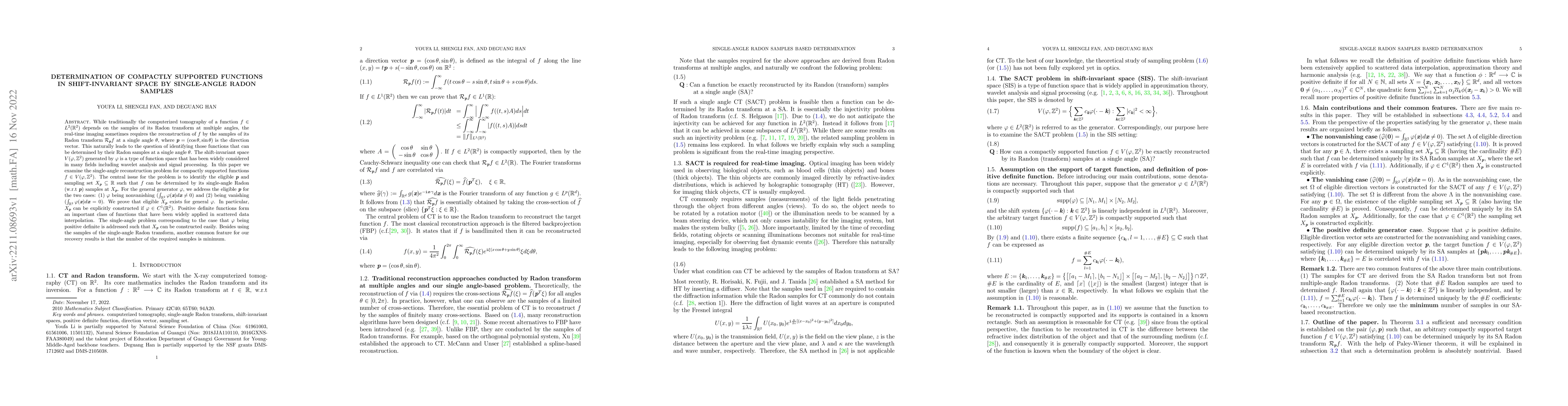 Thumbnail for Determination of compactly supported functions in shift-invariant space
  by single-angle Radon samples