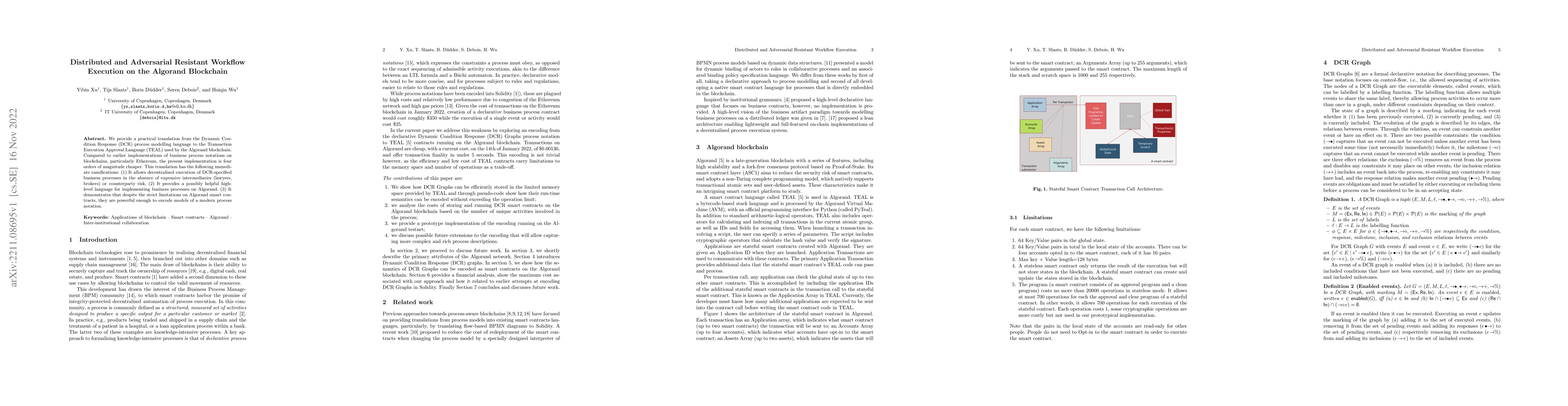 Thumbnail for Distributed and Adversarial Resistant Workflow Execution on the Algorand
  Blockchain
