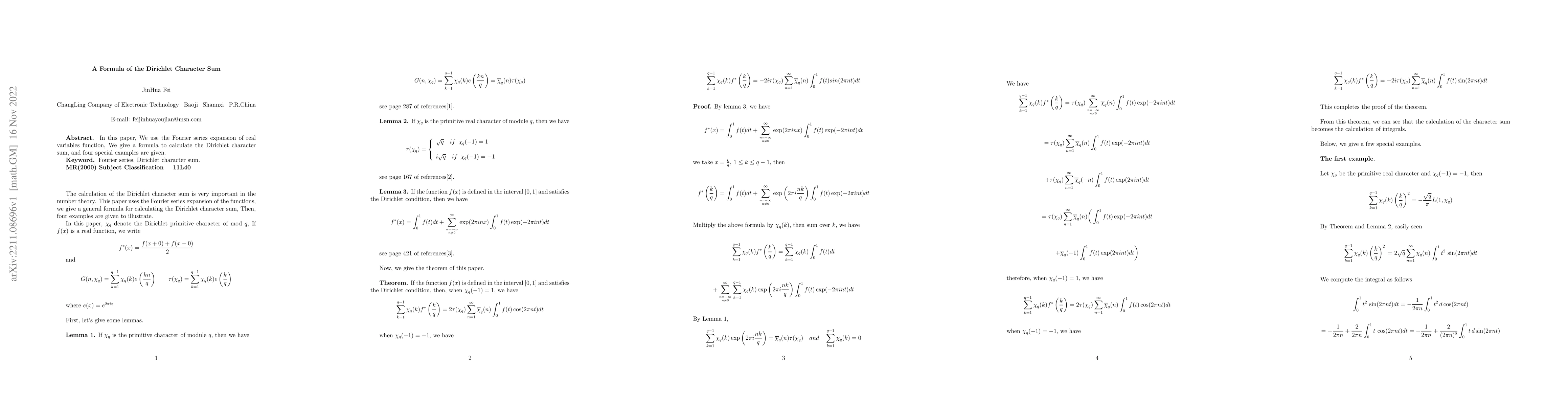 Thumbnail for A Formula of the Dirichlet Character Sum