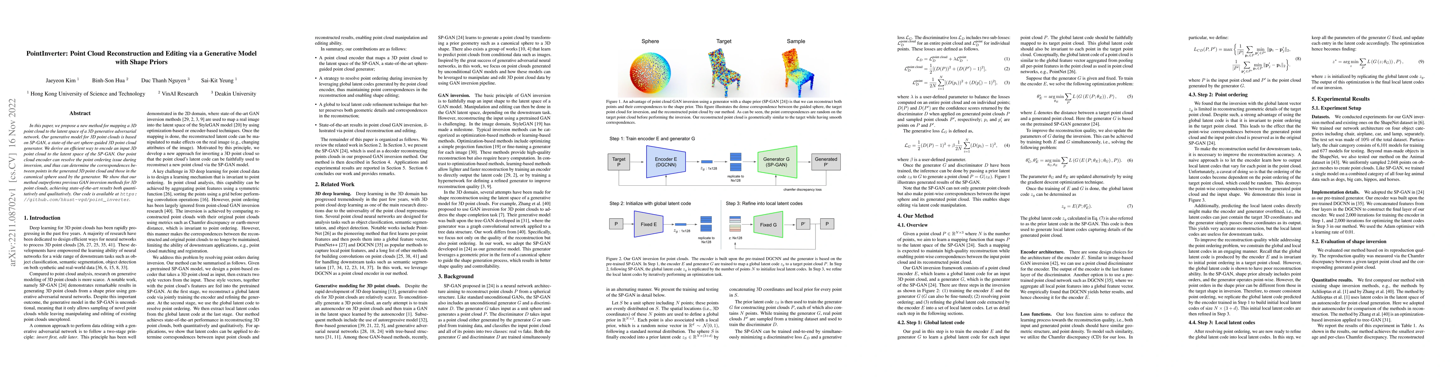 Thumbnail for PointInverter: Point Cloud Reconstruction and Editing via a Generative
  Model with Shape Priors
