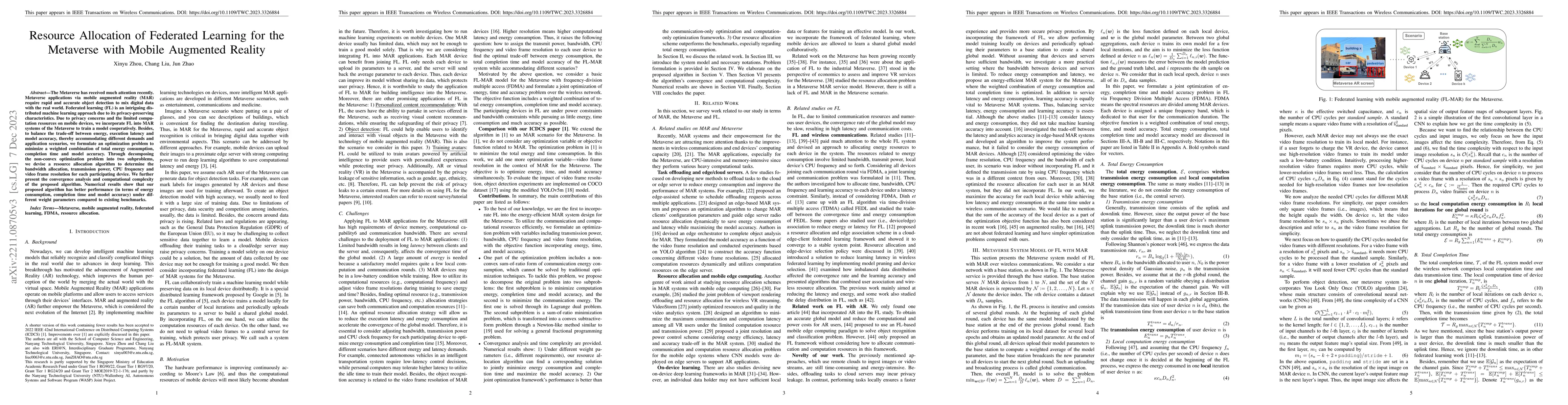 Thumbnail for Resource Allocation of Federated Learning for the Metaverse with Mobile
  Augmented Reality