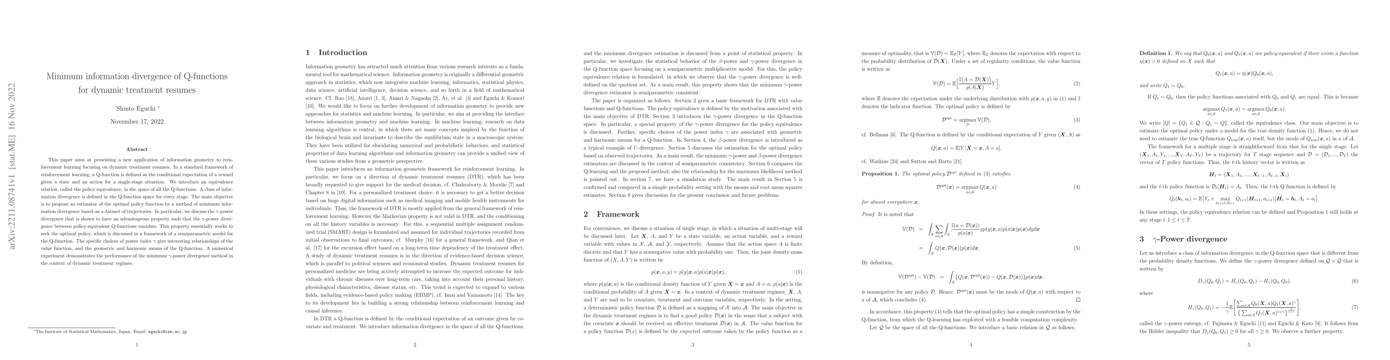 Thumbnail for Minimum information divergence of Q-functions for dynamic treatment
  resumes