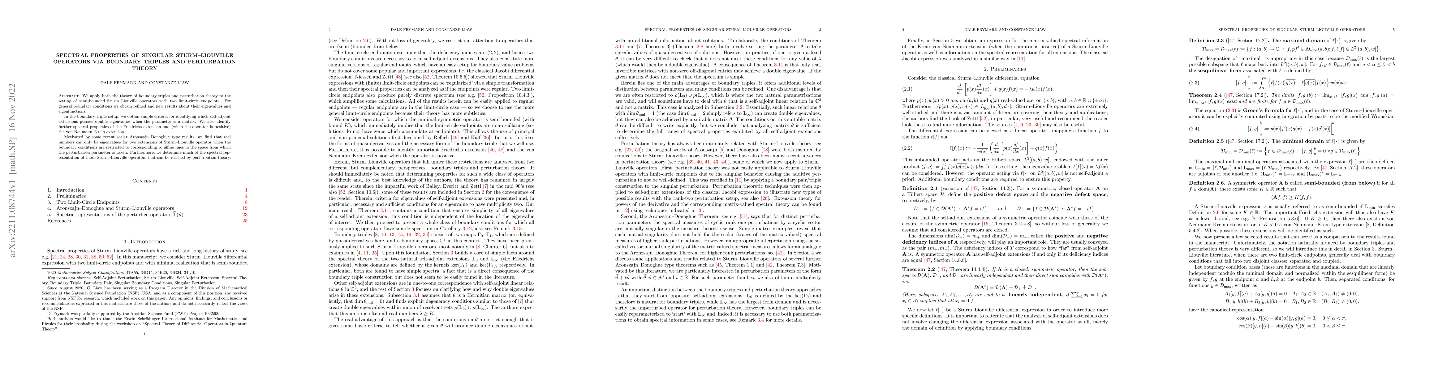Thumbnail for Spectral Properties of Singular Sturm-Liouville Operators via Boundary
  Triples and Perturbation Theory