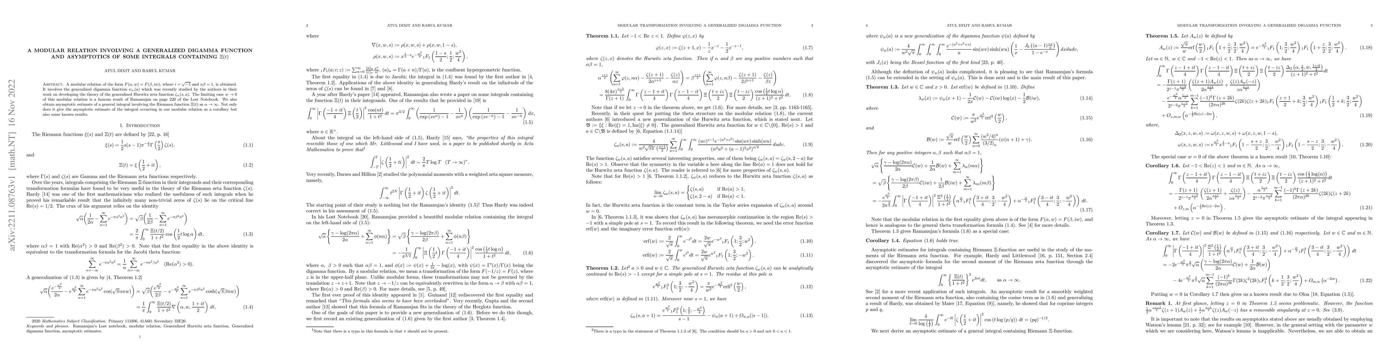 Thumbnail for A modular relation involving a generalized digamma function and
  asymptotics of some integrals containing $\Xi(t)$