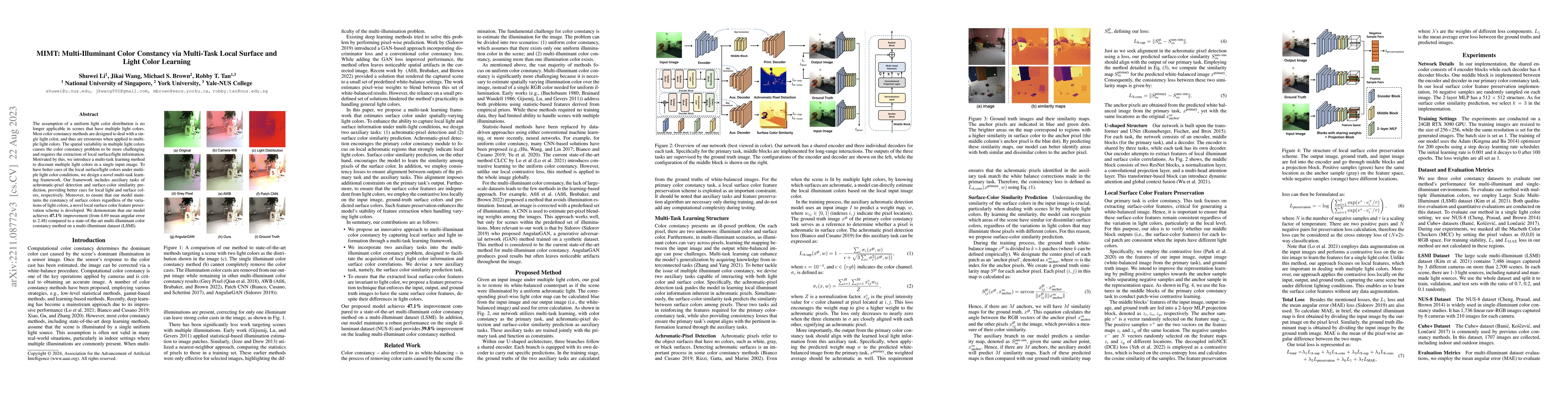 Thumbnail for MIMT: Multi-Illuminant Color Constancy via Multi-Task Local Surface and
  Light Color Learning