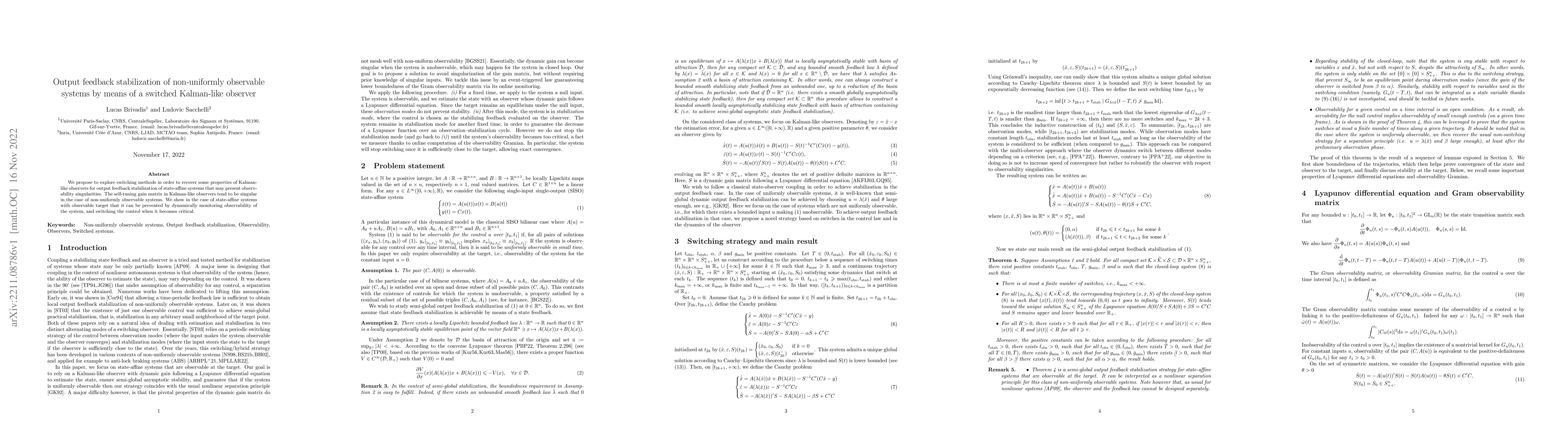 Thumbnail for Output feedback stabilization of non-uniformly observable systems by
  means of a switched Kalman-like observer