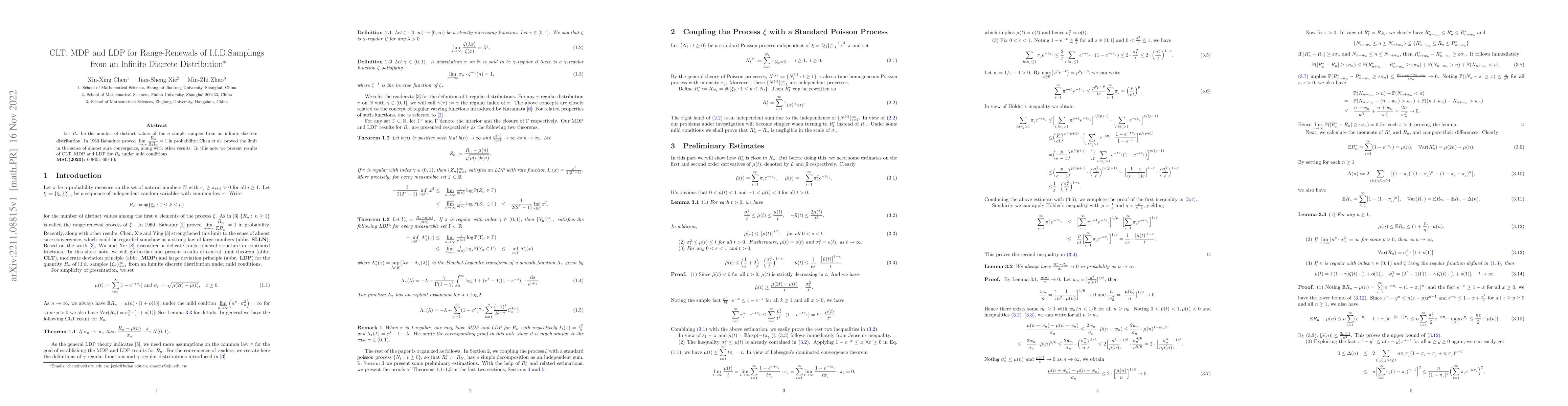 Thumbnail for CLT, MDP and LDP for Range-Renewals of I.I.D.Samplings from an Infinite
  Discrete Distribution