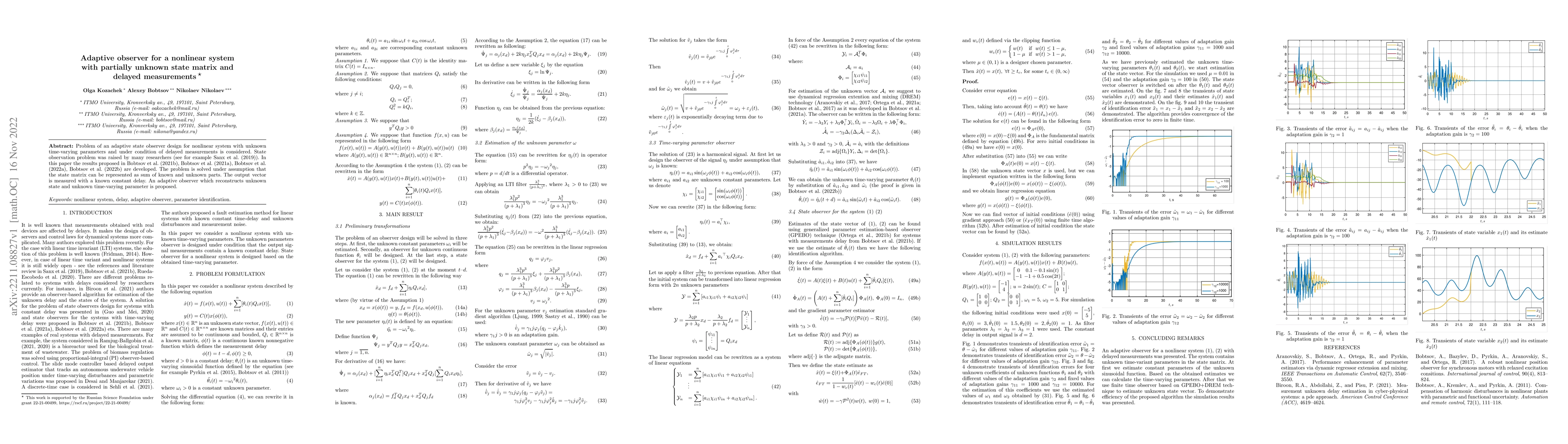 Thumbnail for Adaptive observer for a nonlinear system with partially unknown state
  matrix and delayed measurements