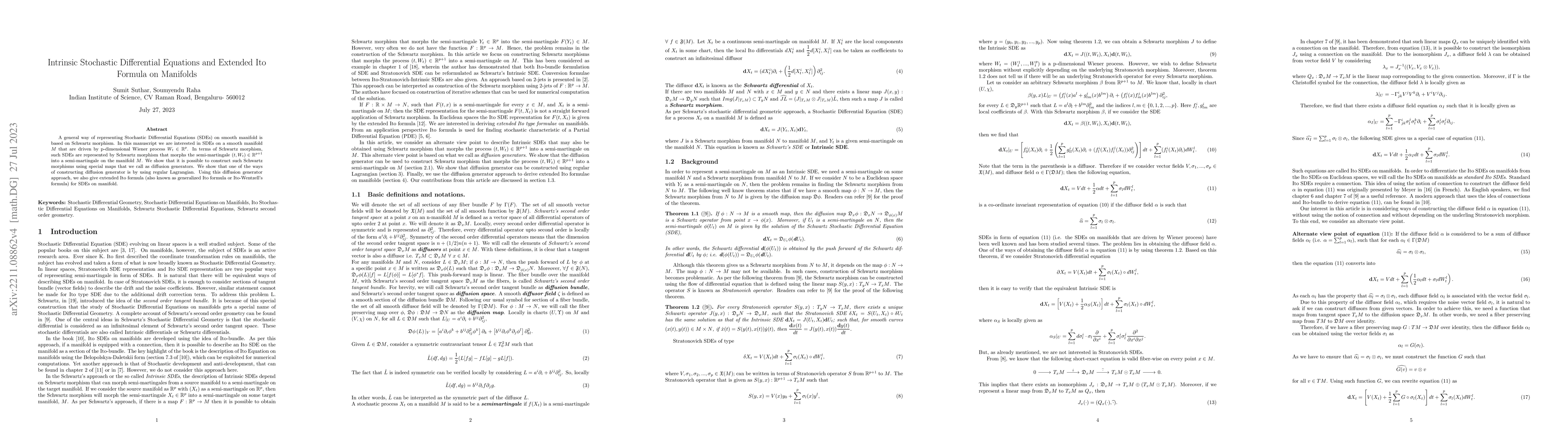 Thumbnail for Intrinsic Stochastic Differential Equations and Extended Ito Formula on
  Manifolds