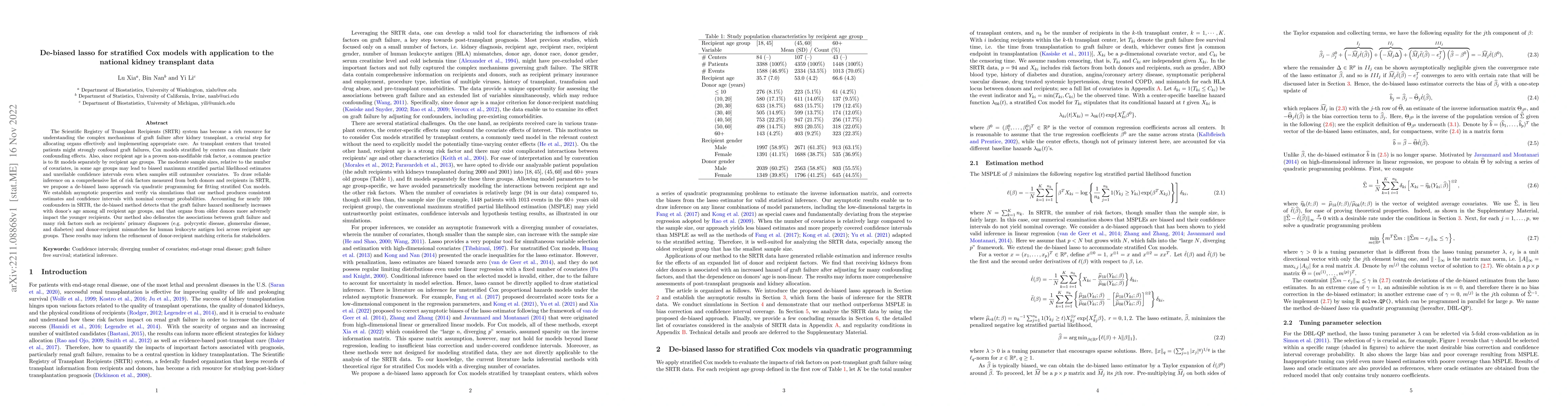 Thumbnail for De-biased lasso for stratified Cox models with application to the
  national kidney transplant data