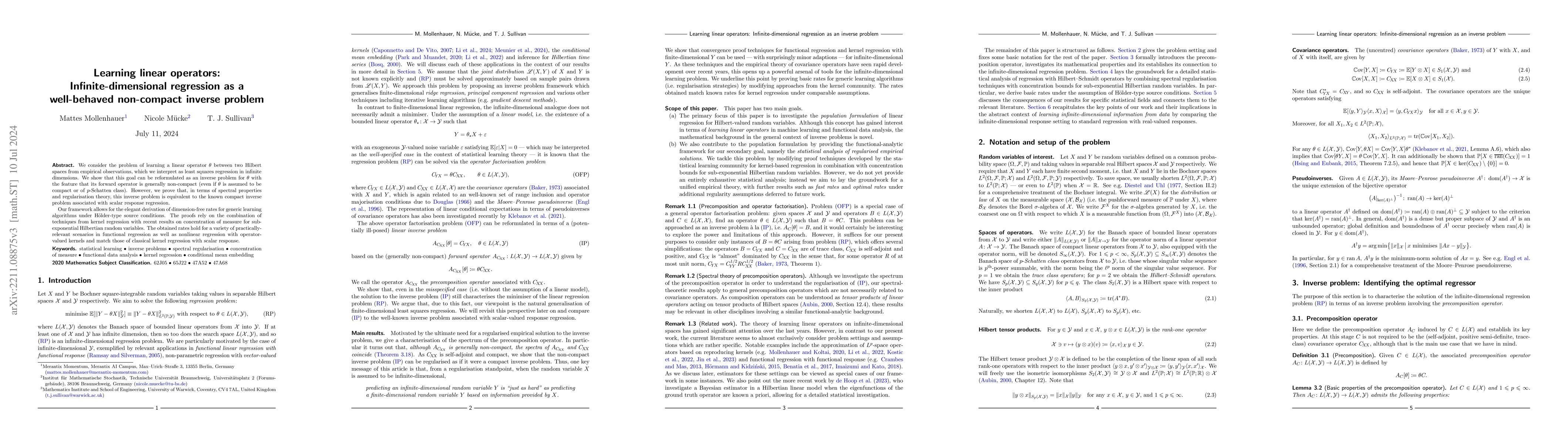 Thumbnail for Learning linear operators: Infinite-dimensional regression as a
  well-behaved non-compact inverse problem