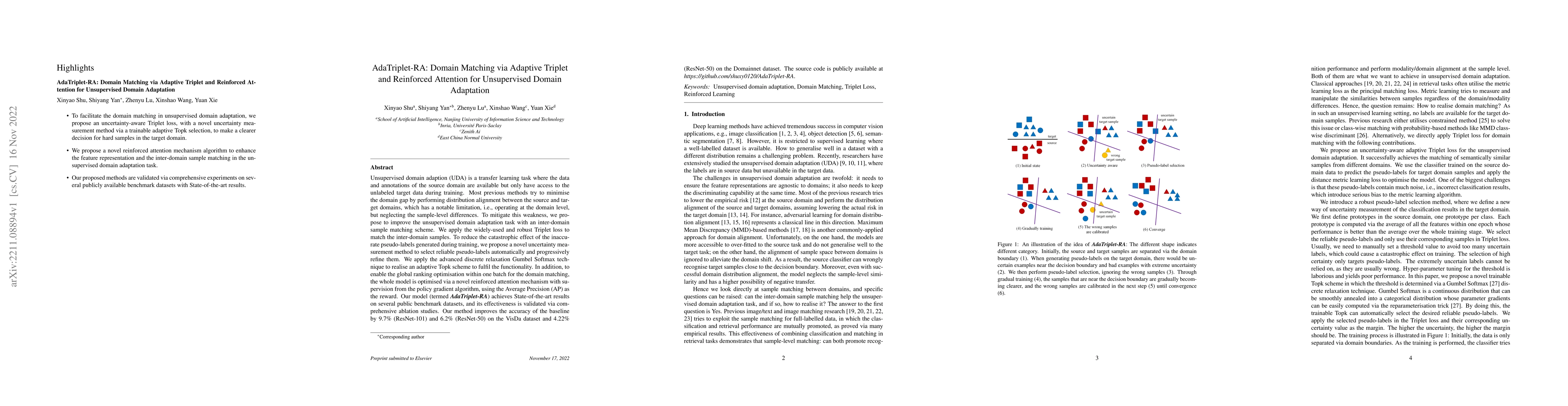 Thumbnail for AdaTriplet-RA: Domain Matching via Adaptive Triplet and Reinforced
  Attention for Unsupervised Domain Adaptation