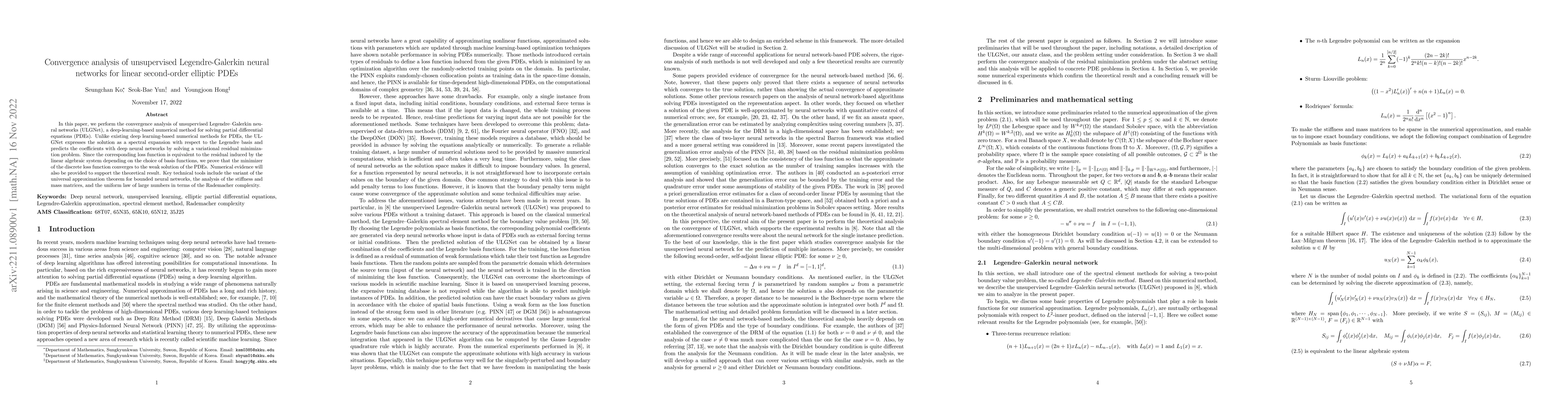Thumbnail for Convergence analysis of unsupervised Legendre-Galerkin neural networks
  for linear second-order elliptic PDEs