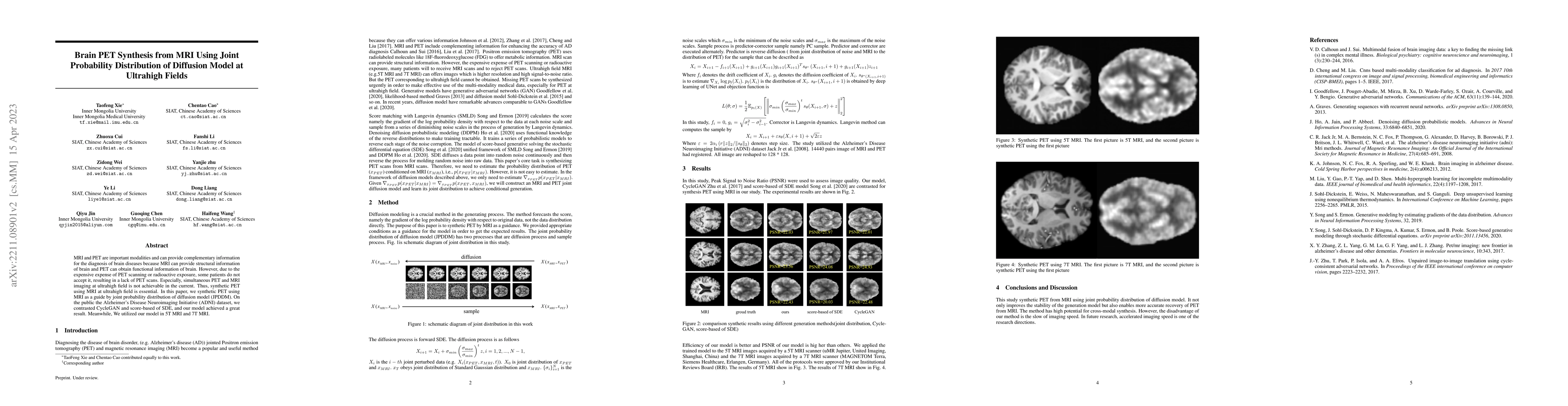 Thumbnail for Brain PET Synthesis from MRI Using Joint Probability Distribution of
  Diffusion Model at Ultrahigh Fields