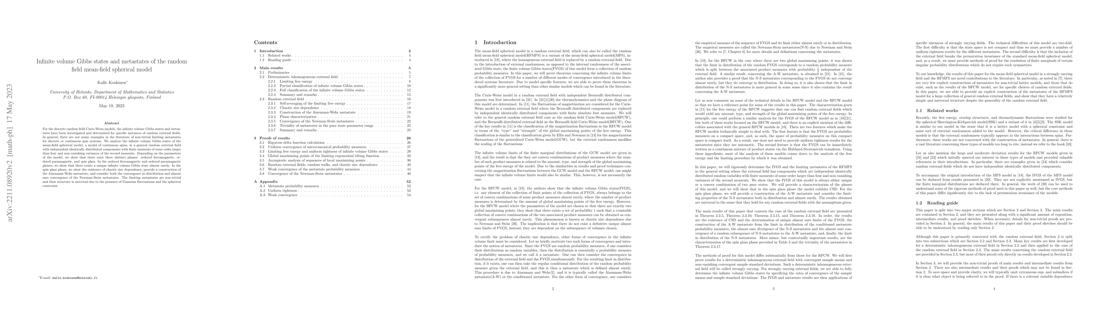 Thumbnail for Infinite volume Gibbs states and metastates of the random field
  mean-field spherical model