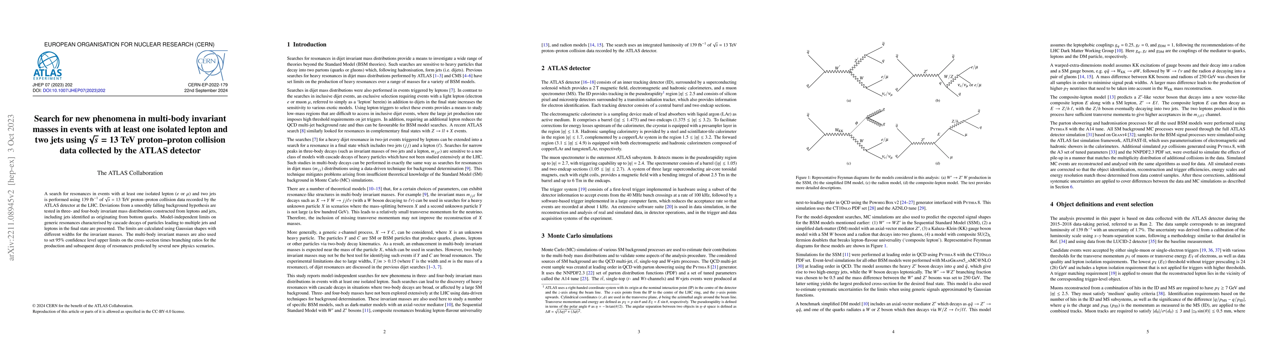 Thumbnail for Search for new phenomena in multi-body invariant masses in events with
  at least one isolated lepton and two jets using $\sqrt{s} = 13$ TeV
  proton-proton collision data collected by the ATLAS detector