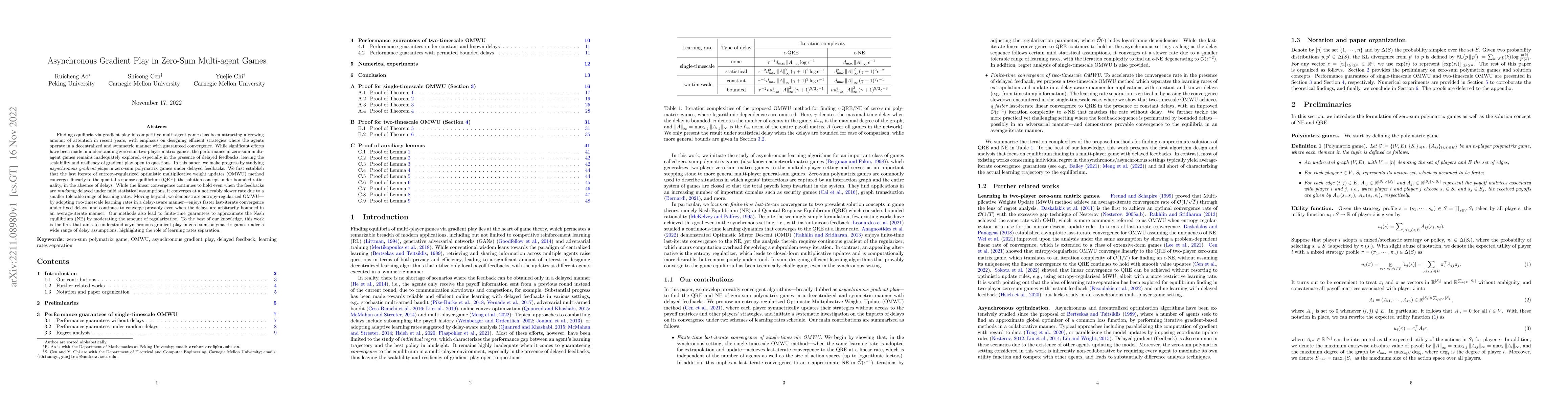 Thumbnail for Asynchronous Gradient Play in Zero-Sum Multi-agent Games
