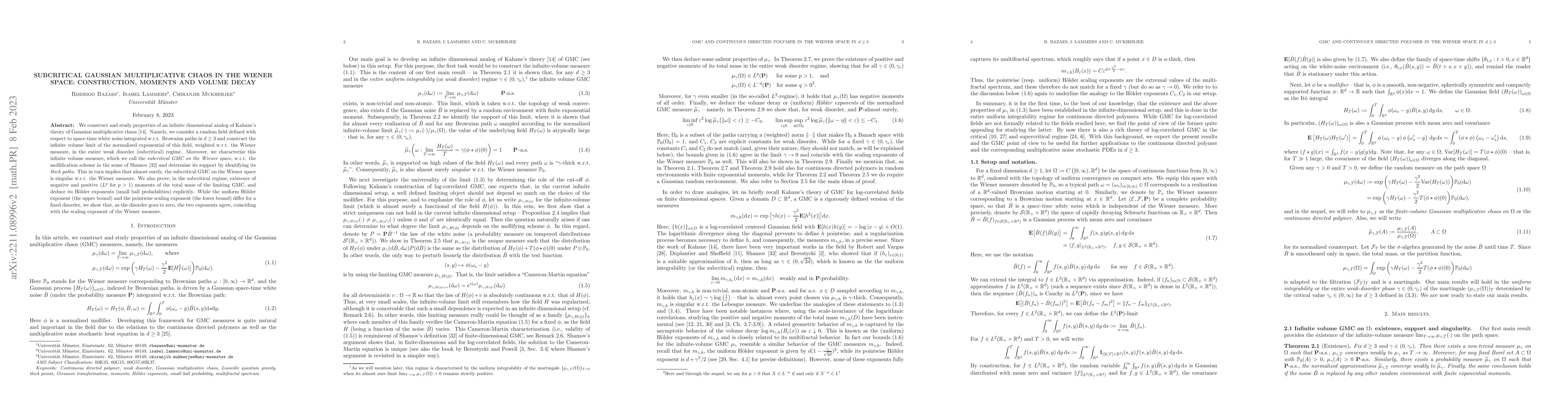 Thumbnail for Subcritical Gaussian multiplicative chaos in the Wiener space:
  construction, moments and volume decay