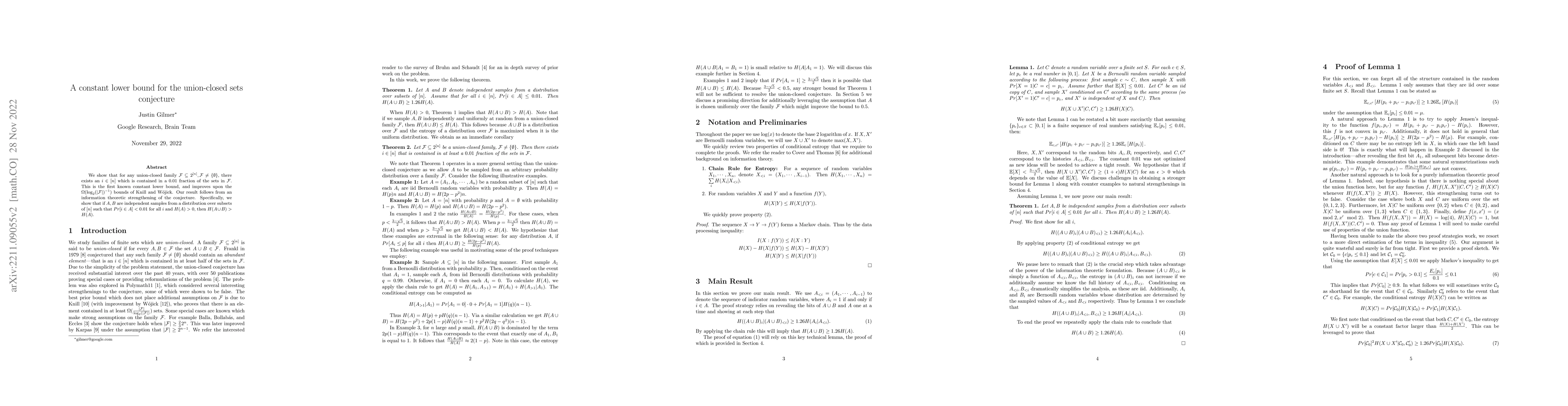 Thumbnail for A constant lower bound for the union-closed sets conjecture