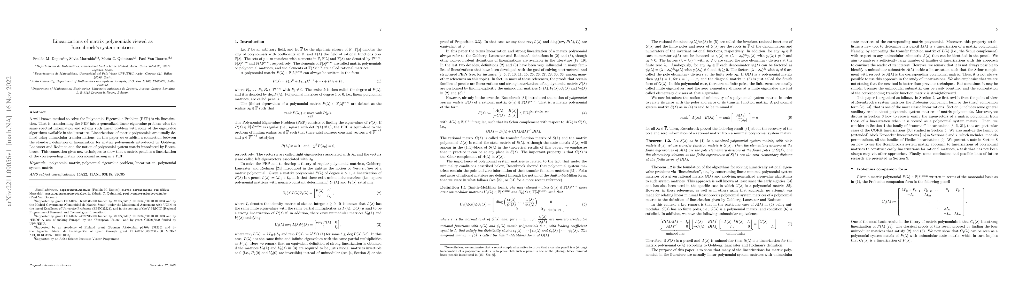 Thumbnail for Linearizations of matrix polynomials viewed as Rosenbrock's system
  matrices