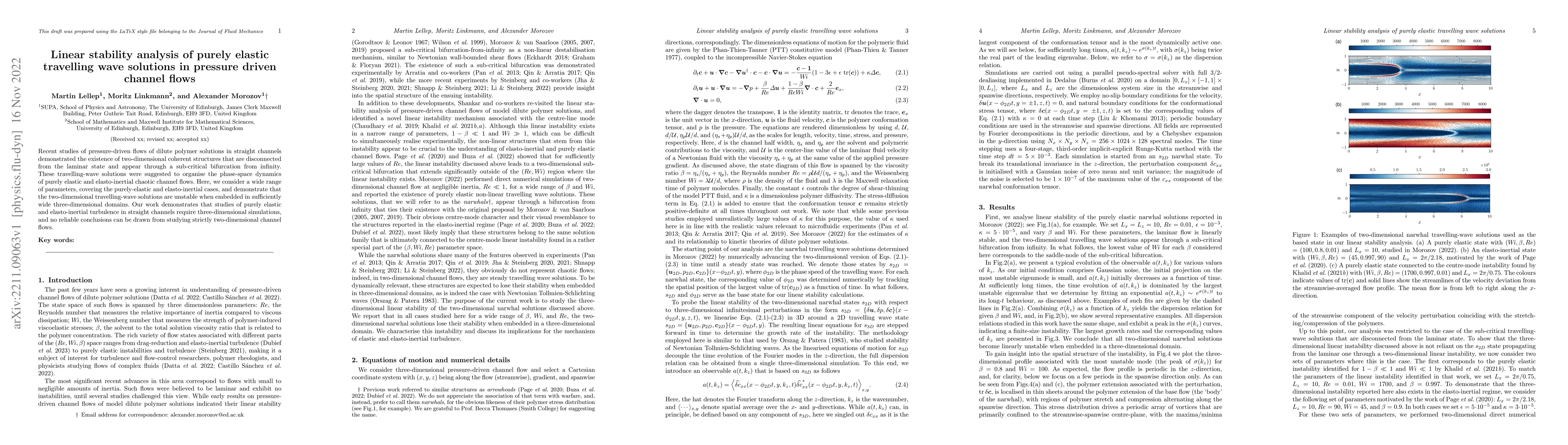 Thumbnail for Linear stability analysis of purely elastic travelling wave solutions in
  pressure driven channel flows