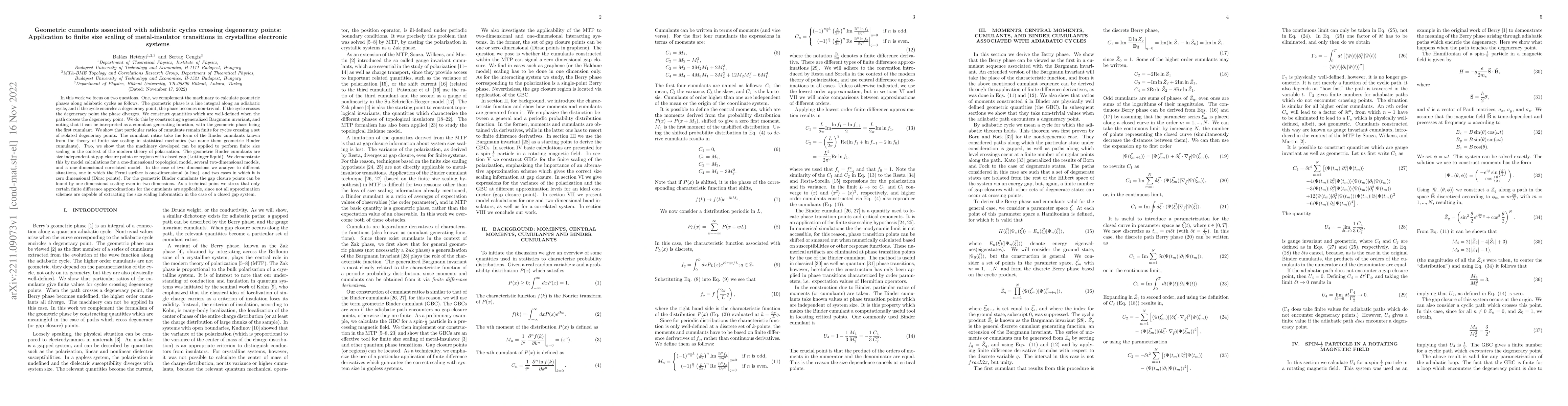 Thumbnail for Geometric cumulants associated with adiabatic cycles crossing degeneracy
  points: Application to finite size scaling of metal-insulator transitions in
  crystalline electronic systems