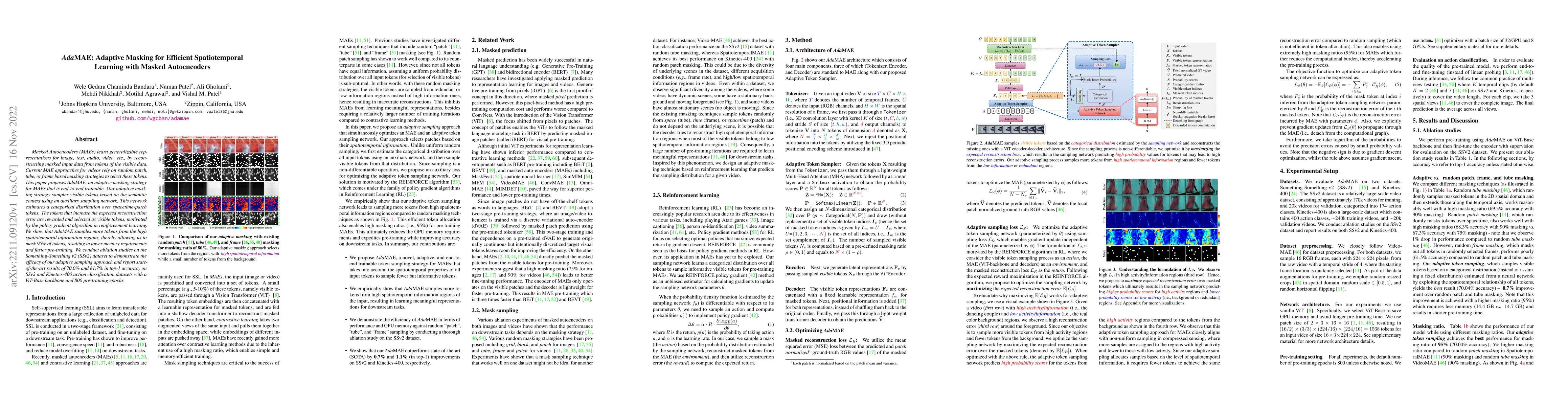 Thumbnail for AdaMAE: Adaptive Masking for Efficient Spatiotemporal Learning with
  Masked Autoencoders