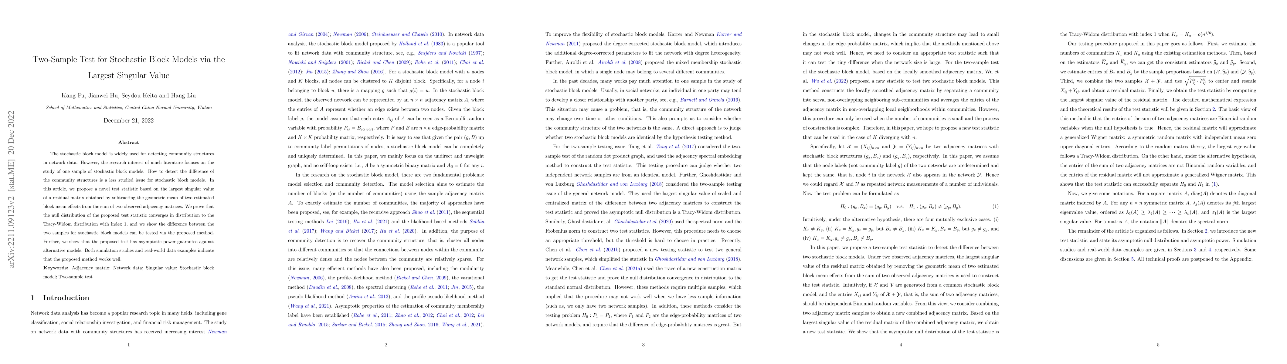 Thumbnail for Two-Sample Test for Stochastic Block Models via the Largest Singular
  Value