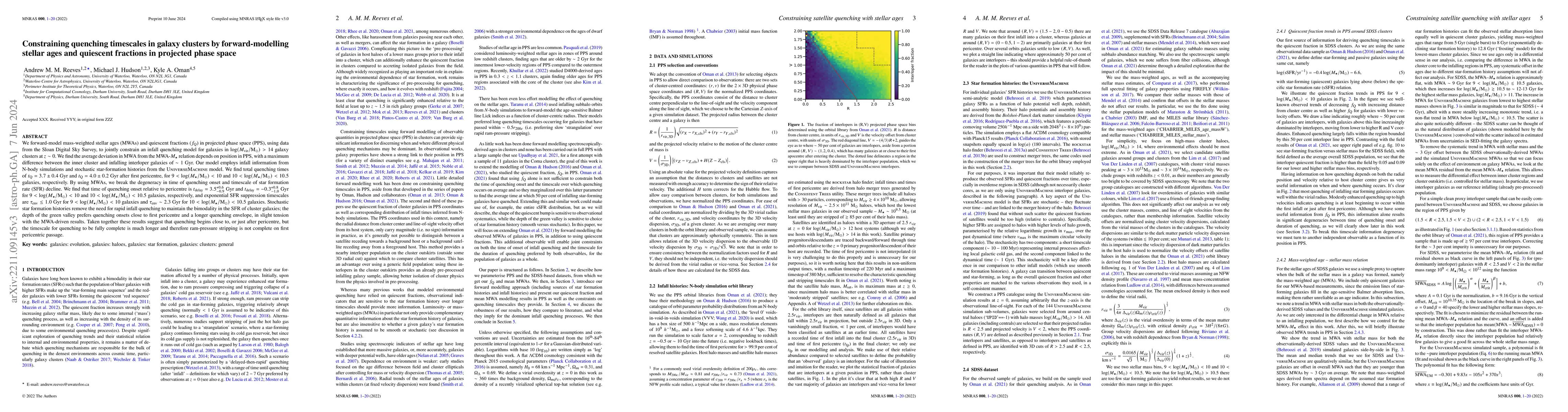 Thumbnail for Constraining quenching timescales in galaxy clusters by
  forward-modelling stellar ages and quiescent fractions in projected phase
  space