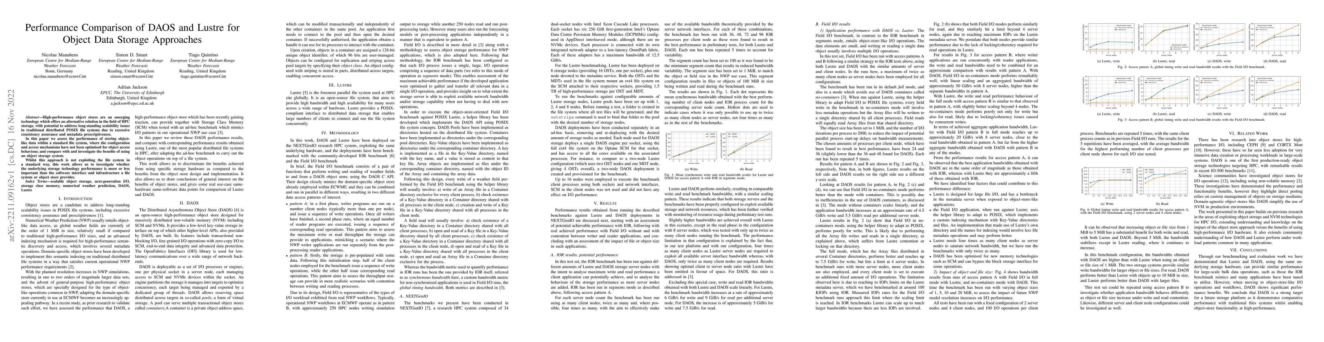 Thumbnail for Performance Comparison of DAOS and Lustre for Object Data Storage
  Approaches