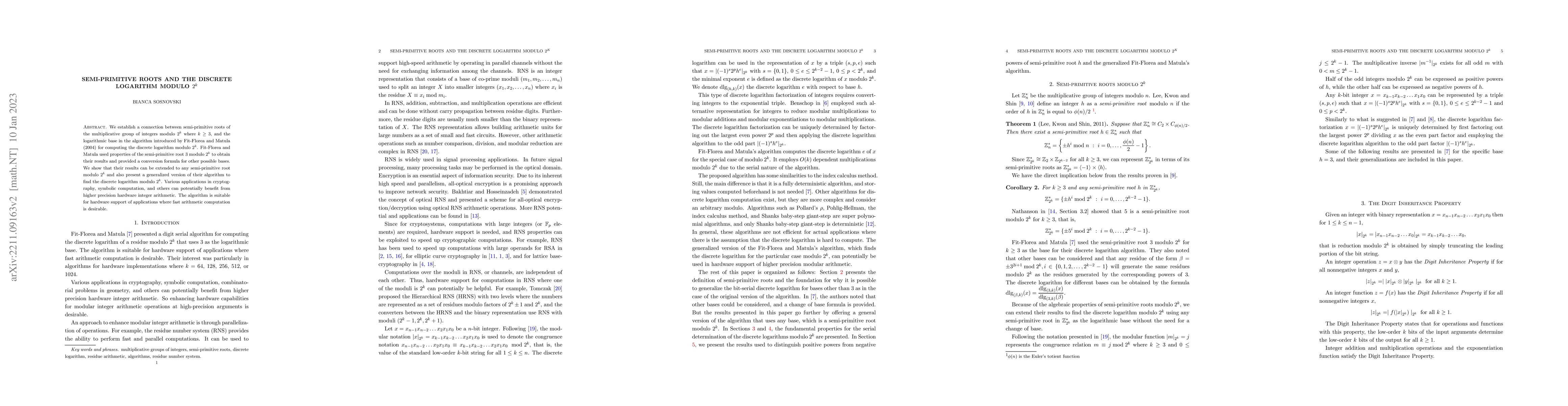 Thumbnail for Semi-primitive roots and the discrete logarithm module $2^k$
