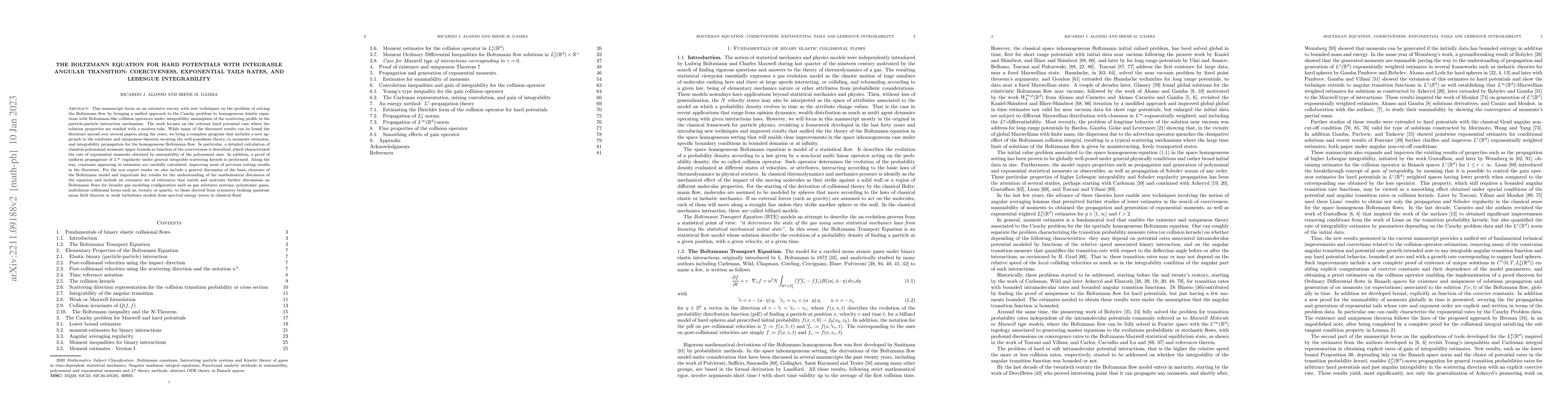 Thumbnail for The Boltzmann equation for hard potentials with integrable angular
  transition: Coerciveness, exponential tails rates, and Lebesgue integrability