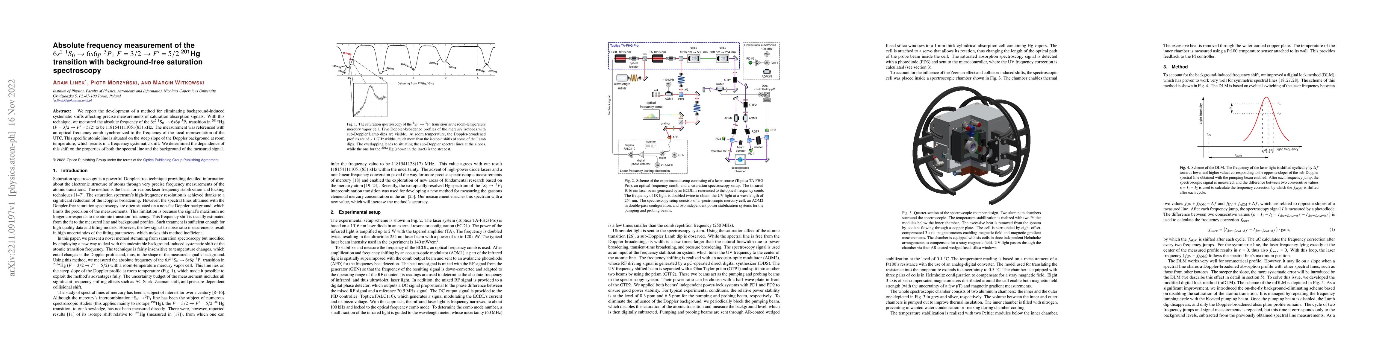 Thumbnail for Absolute frequency measurement of the $6s^2~^1S_0 \to 6s6p~^3P_1$
  $F=3/2\to F'=5/2$ $^{\text{201}}$Hg transition with background-free
  saturation spectroscopy
