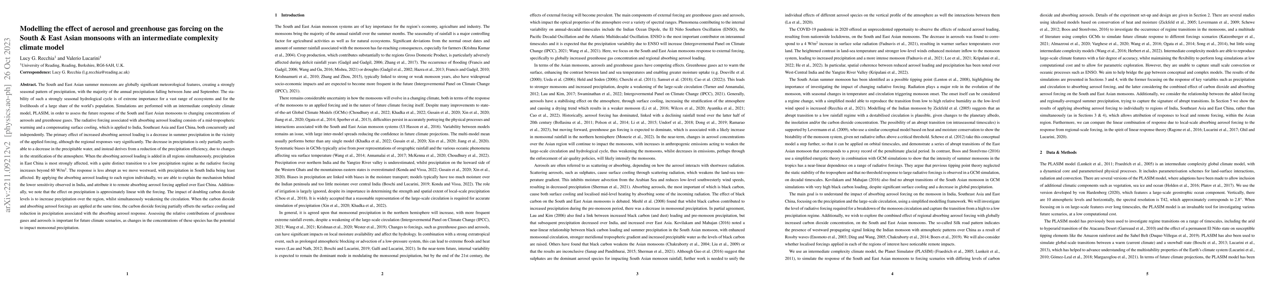Thumbnail for Modelling the effect of aerosol and greenhouse gas forcing on the South
  and East Asian monsoons with an intermediate complexity climate model