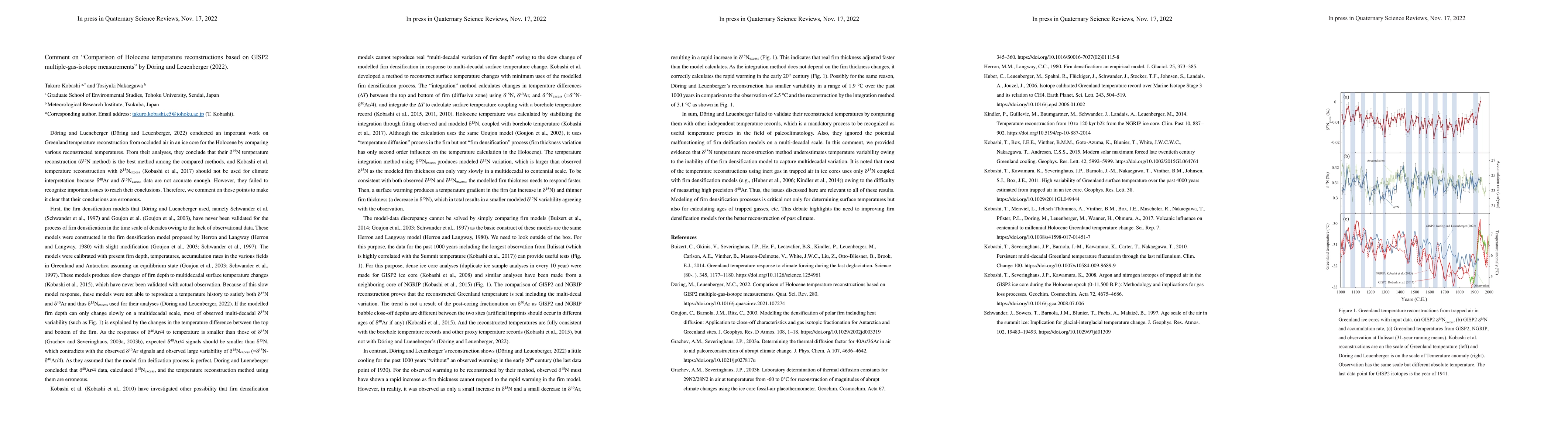 Thumbnail for Comment on Comparison of Holocene temperature reconstructions based on
  GISP2 multiple-gas-isotope measurements by Doring and Leuenberger (2022)