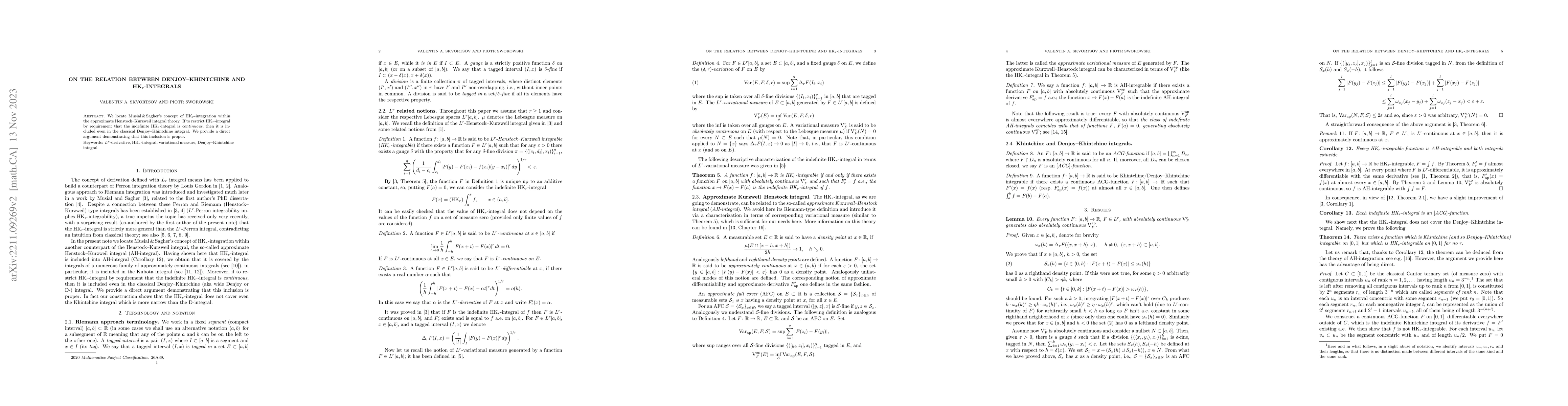 Thumbnail for On the relation between Denjoy--Khintchine and HK$_{r}$-integrals