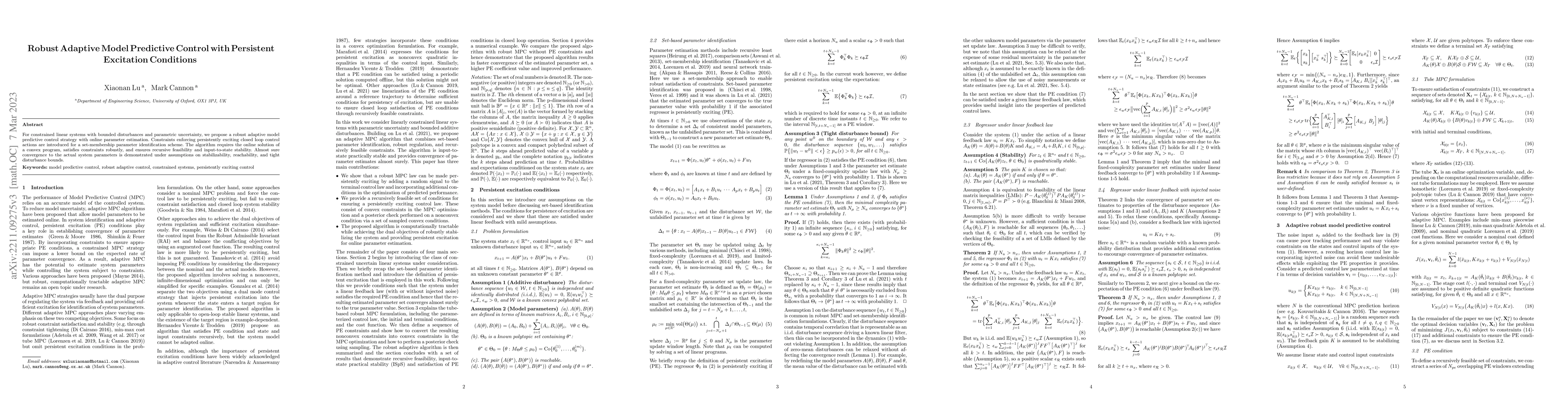 Thumbnail for Robust adaptive model predictive control with persistent excitation
  conditions