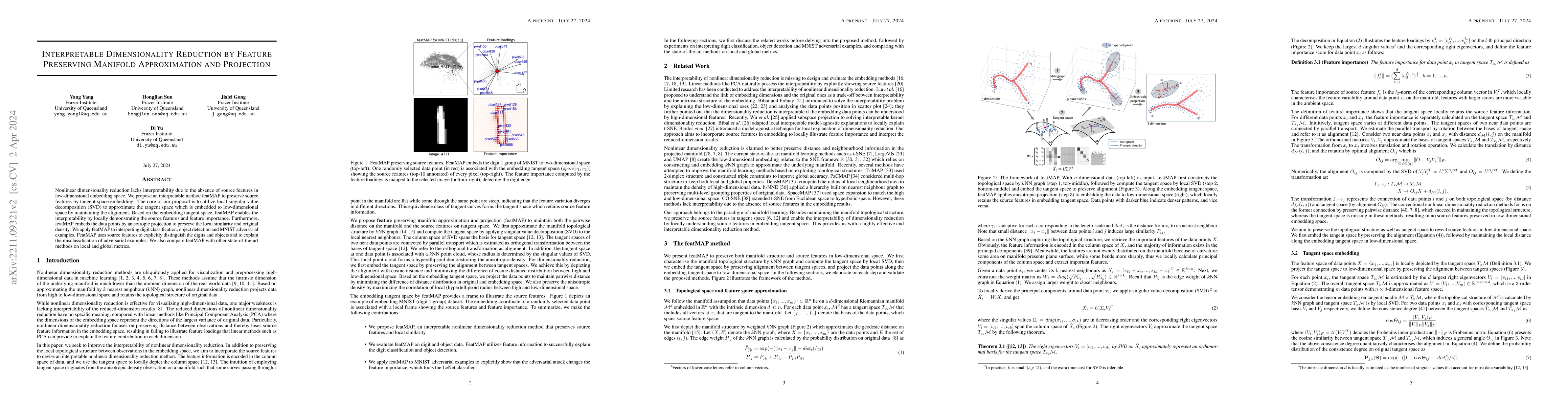 Thumbnail for Interpretable Dimensionality Reduction by Feature Preserving Manifold
  Approximation and Projection