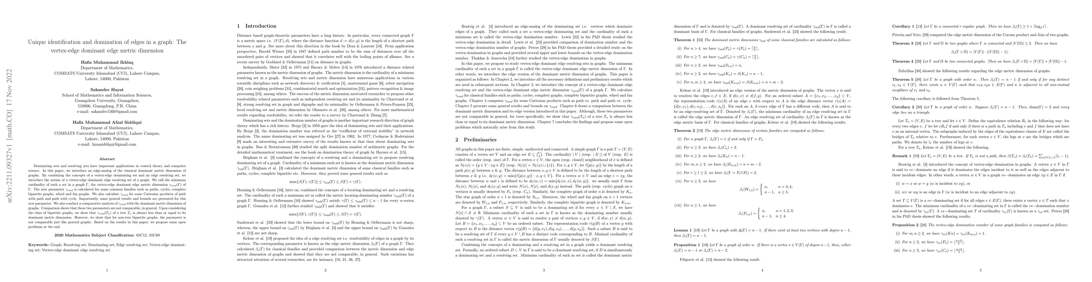 Thumbnail for Unique identification and domination of edges in a graph: The
  vertex-edge dominant edge metric dimension