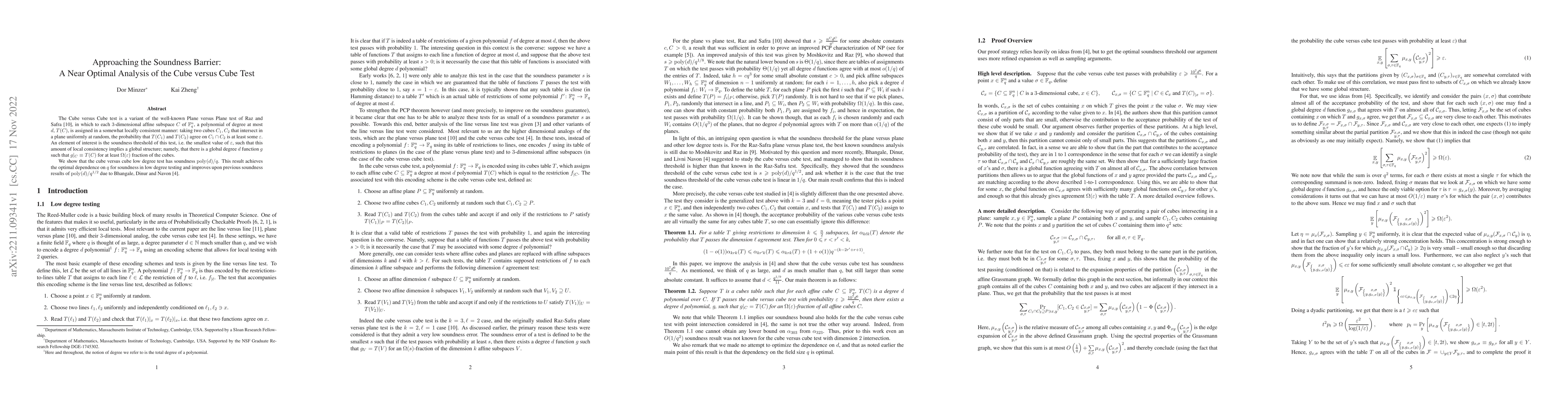 Thumbnail for Approaching the Soundness Barrier: A Near Optimal Analysis of the Cube
  versus Cube Test